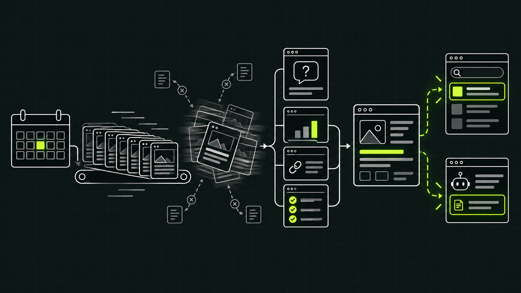 A calendar feeds many similar articles into a blurred cluster, while one buyer question, verified evidence and a clear canonical page lead to search and AI visibility.