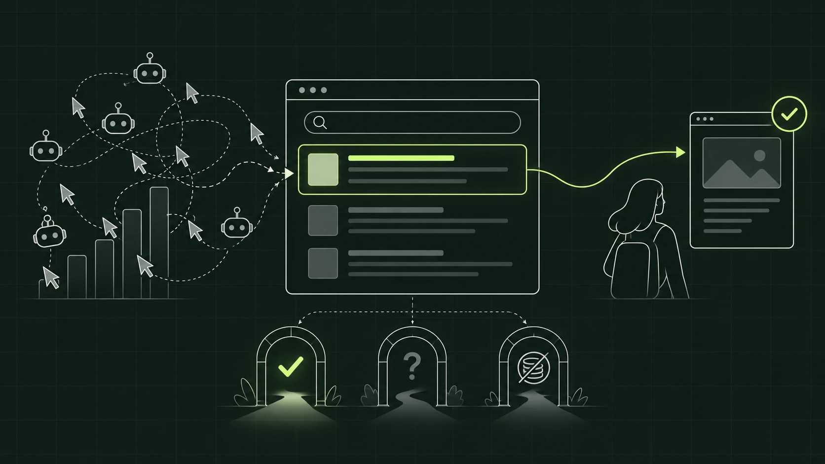 Artificial cursor and bot clicks loop around a search result, while a genuine reader follows a lime path to a useful page; three gates distinguish legitimate marketing, uncertainty and advertising fraud.