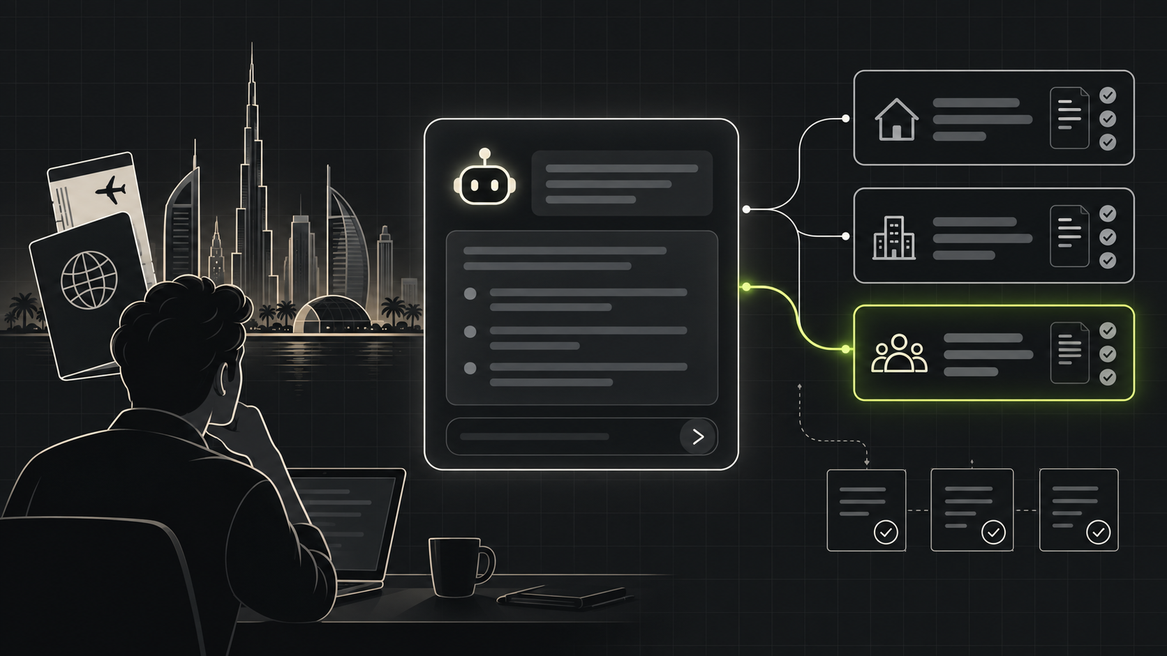 A person planning a UAE move asks an AI assistant, which branches toward residence, company formation and an advisory firm highlighted in lime.
