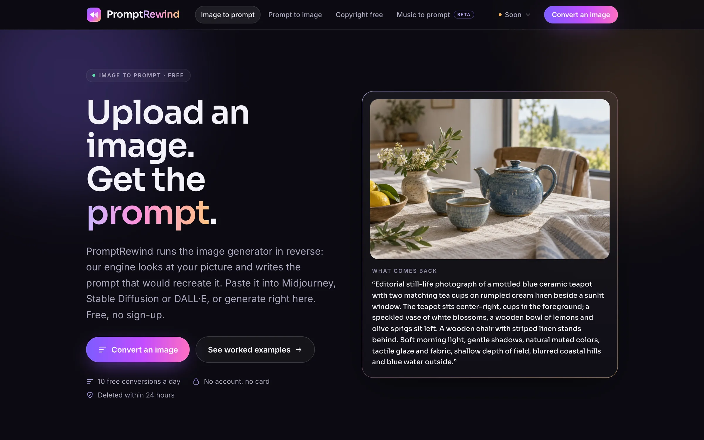 The home page of promptrewind.xyz: upload an image, get the prompt, with an example image and the prompt written for it.