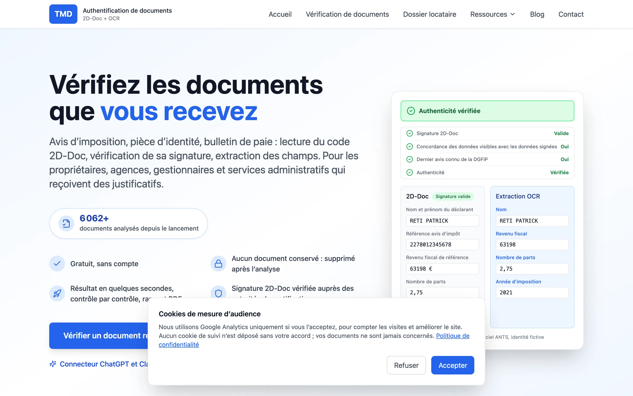 The home page of trustmydocs.com: the verification of official documents, with a result panel showing the 2D-Doc signature checks and the extracted fields.
