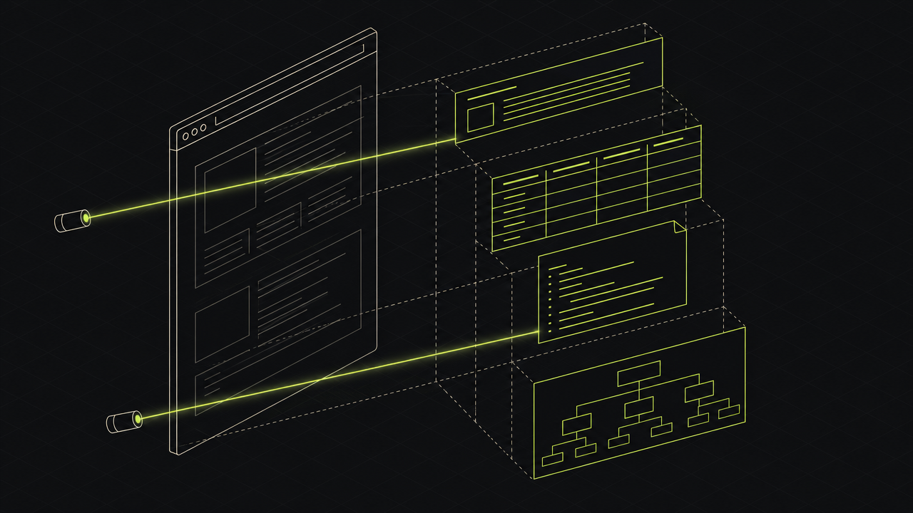 A web page outline being scanned layer by layer, revealing its headings, tables, robots file and sitemap.