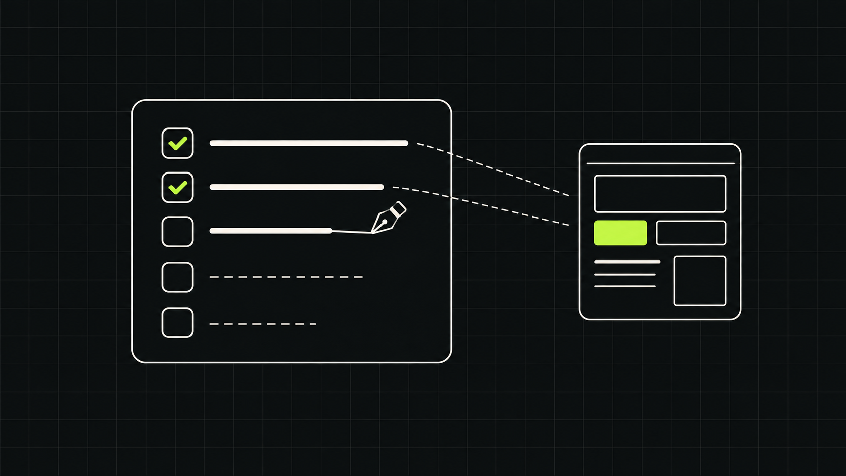 A prioritised checklist with completed rows lighting up elements of a small web page.